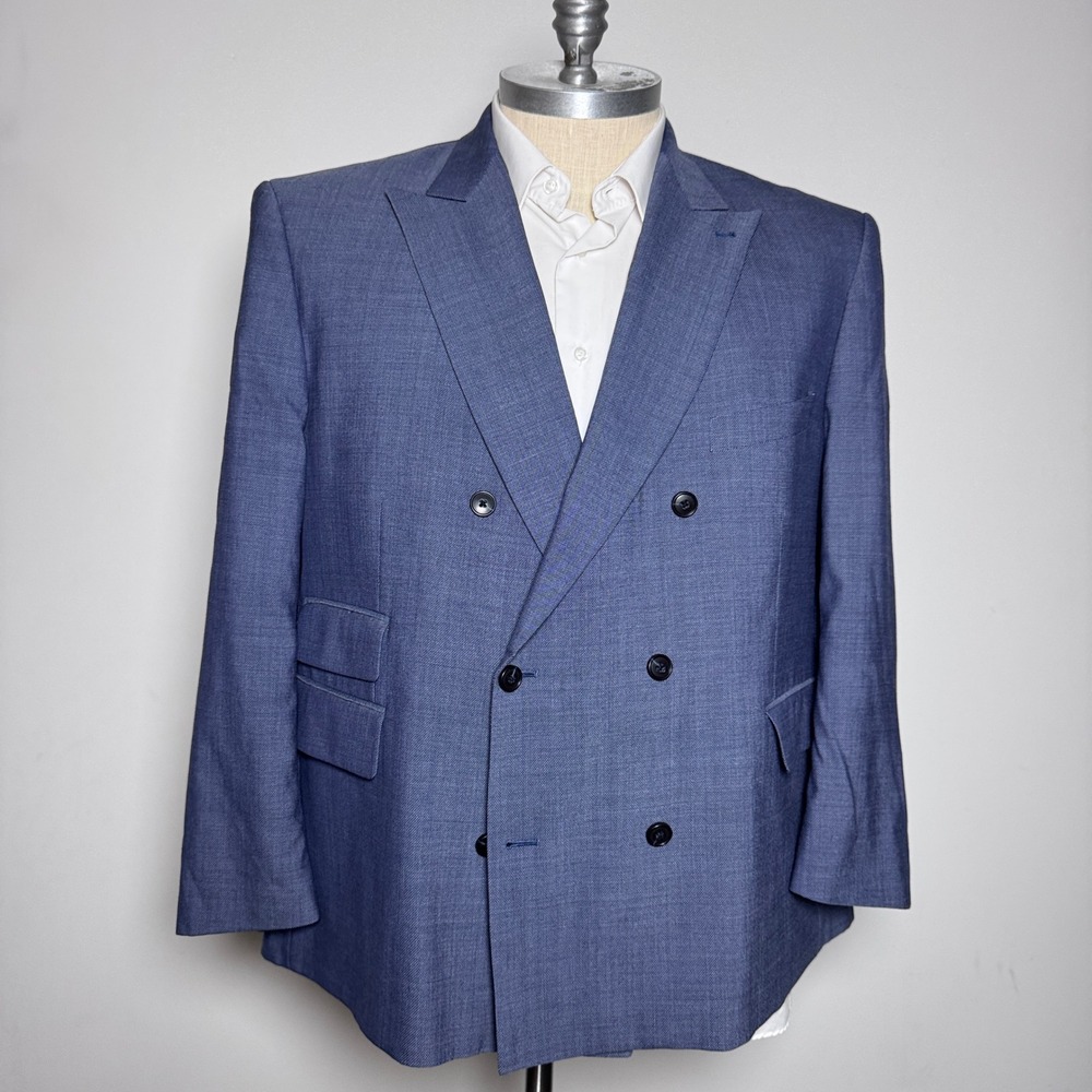 JOE Joseph Abboud Blazer Mens 48R Blue Solid Double Breasted Wool Peak Lapel
